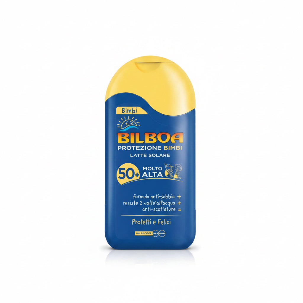 Bilboa Bimbi Latte Solare SPF 50+ Senza Alcool Anti Sabbia Resistente all'Acqua 200 ml Dermatologicamente Testato per Pelle Delicata dei Bambini Formula Anti-Scottature e Anti-Sabbia