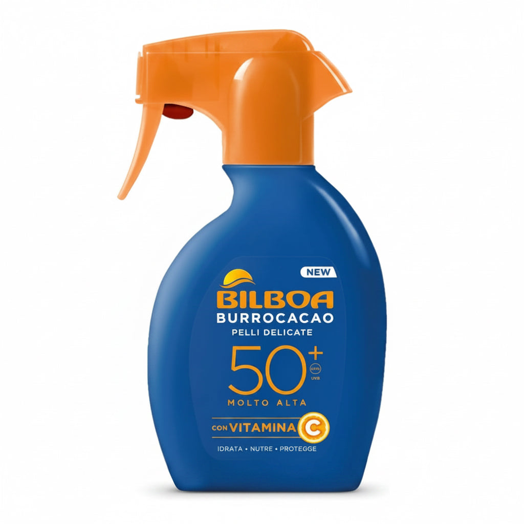 Bilboa Burrocacao Spray Solare Trigger SPF 50+, Protezione Solare Molto Alta per Pelli Sensibili, Formula con Vitamina C, Idrata, Nutre e Protegge, Dermatologicamente Testato, 250 ml