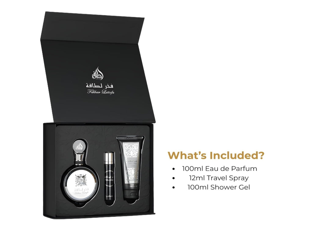 Lattafa Fakhar Black | Eau de Parfum da 100 ml, spray da viaggio da 12 ml e gel doccia da 100 ml | Set regalo Lattafa Fragrance da uomo