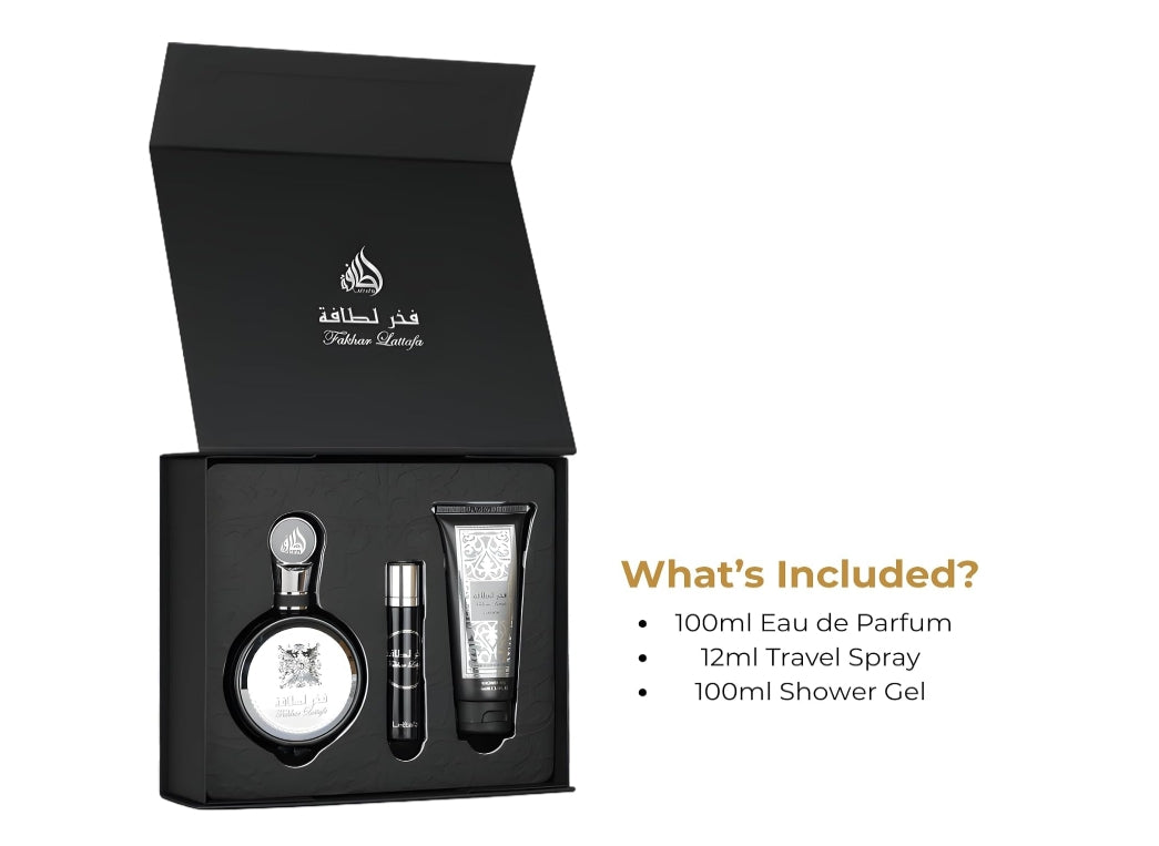 Lattafa Fakhar Black | Eau de Parfum da 100 ml, spray da viaggio da 12 ml e gel doccia da 100 ml | Set regalo Lattafa Fragrance da uomo
